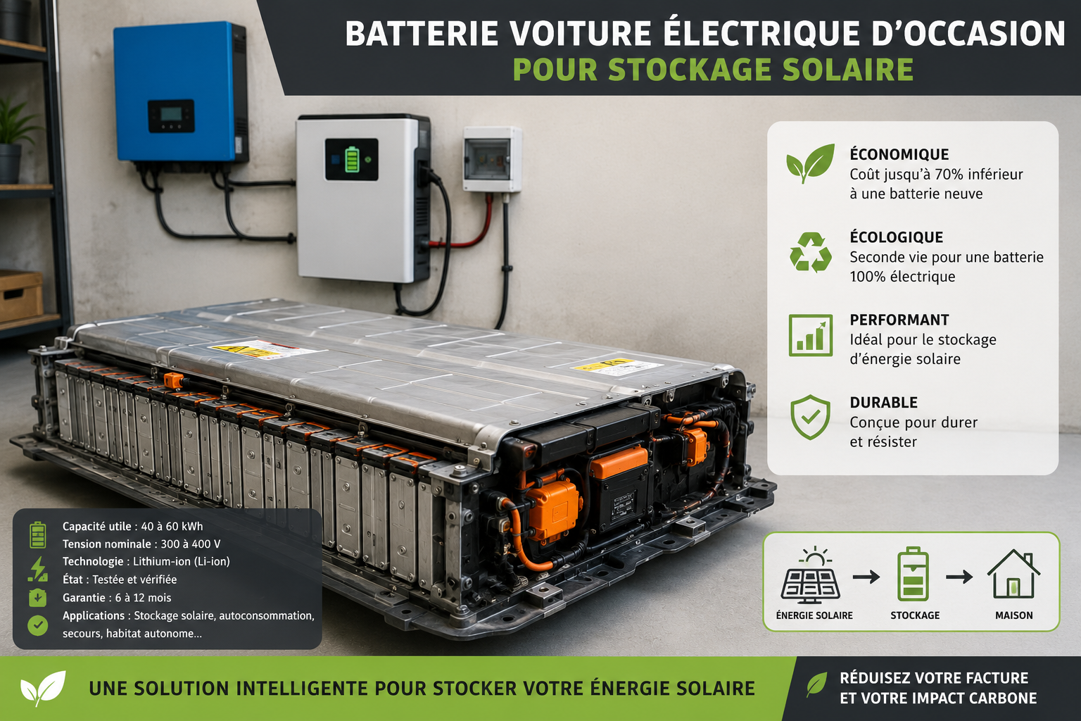 Batterie auto d’occasion pour stockage solaire Utilisez une batterie voiture électrique occasion pour stockage solaire ! Économisez 50% sur vos modules lithium et boostez votre autonomie en 2026.