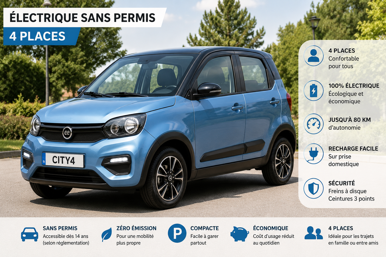 Découvrez la voiture électrique sans permis 4 places, un quadricycle lourd L7e idéal pour la ville. Profitez d'un bonus écologique en 2026 !